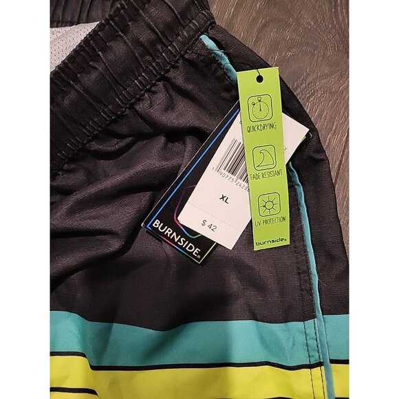 Burnside Boardshorts Mens XL Swim Trunks Mesh Lined Pockets Black Yellow Stripe - Picture 4 of 5